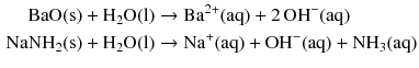 $$ \begin{aligned} \mathrm{BaO(s)} + \mathrm{H_{2}O(l)} &\to \mathrm{Ba}^{2+}(\mathrm{aq}) + 2\,\mathrm{OH}^{- }(\mathrm{aq})\\ \mathrm{NaNH}_{2}(\mathrm{s}) + \mathrm{H}_{2}\mathrm{O(l)} &\to \mathrm{Na}^{+}(\mathrm{aq}) + \mathrm{OH}^{- }(\mathrm{aq}) + \mathrm{NH}_{3}(\mathrm{aq}) \end{aligned} $$