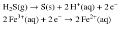 $$ \begin{aligned} &\mathrm{H_{2}S(g)} \to \mathrm{S(s)} + 2\,\mathrm{H}^{+}(\mathrm{aq}) + 2\,\mathrm{e}^{- }\\ &2\,\mathrm{Fe^{3+}(aq)} + 2\,\mathrm{e}^{- } \to 2\,\mathrm{Fe}^{2+}(\mathrm{aq}) \end{aligned} $$