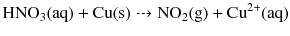 $\text{HNO}_{3}(\text{aq}) + \text{Cu}(\text{s}) \dashrightarrow \text{NO}_{2}(\text{g}) + \text{Cu}^{2+}(\text{aq})$