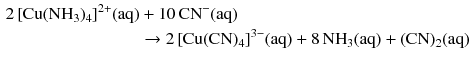 $$ \begin{aligned} 2\, [\mathrm{Cu}(\mathrm{NH}_{3})_{4}]^{2+}(\mathrm{aq}) &+ 10\,\mathrm{CN}^{- }(\mathrm{aq})\\ & \to 2\, [\mathrm{Cu}(\mathrm{CN})_{4}]^{3- }(\mathrm{aq}) + 8\,\mathrm{NH}_{3}(\mathrm{aq}) + (\mathrm{CN})_{2}(\mathrm{aq}) \end{aligned} $$