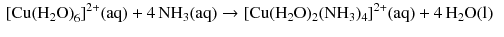 $$ \begin{aligned} &[\mathrm{Cu(H_{2}O)}_{6}]^{2+}(\mathrm{aq}) + 4\,\mathrm{NH}_{3}(\mathrm{aq}) \to [\mathrm{Cu}(\mathrm{H}_{2}\mathrm{O})_{2}(\mathrm{NH}_{3})_{4}]^{2+}(\mathrm{aq}) + 4\,\mathrm{H}_{2}\mathrm{O(l)} \end{aligned} $$