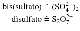 $$ \begin{aligned} \mathrm{bis(sulfato)} &\mathrel{\hat{=}} (\mathrm{SO}_{4}^{2- })_{2}\\ \mathrm{disulfato} &\mathrel{\hat{=}} \mathrm{S}_{2}\mathrm{O}_{7}^{2- } \end{aligned} $$