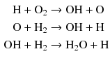 $$ \begin{aligned} \mathrm{H} + \mathrm{O}_{2} &\rightarrow \mathrm{OH} + \mathrm{O}\\ \mathrm{O} + \mathrm{H}_{2} &\rightarrow \mathrm{OH} + \mathrm{H}\\ \mathrm{OH} + \mathrm{H}_{2} &\rightarrow \mathrm{H}_{2}\mathrm{O} + \mathrm{H} \end{aligned} $$