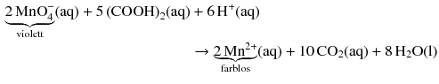 $$ \begin{aligned} \underbrace{2\,\text{MnO}_{4}^{-}}_{\text{violett}}( \text{aq} )+5\,{{( \text{COOH} )}_{2}}( \text{aq} )&+6\,{{\text{H}}^{+}}( \text{aq} )\\ &\to \underbrace{2\,\text{Mn}^{2+}}_{\text{farblos}}( \text{aq} )+10\,\text{C}{{\text{O}}_{2}}( \text{aq} )+8\,{{\text{H}}_{2}}\text{O}( \text{l} ) \end{aligned} $$