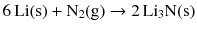 $$6\,\mathrm{Li(s)} + \mathrm{N}_{2}(\mathrm{g}) \rightarrow 2\,\mathrm{Li}_{3}\mathrm{N(s)}$$