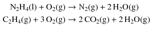 $$ \begin{aligned} \mathrm{N_{2}H_{4}(l)} + \mathrm{O_{2}(g)} &\to \mathrm{N_{2}(g)} + 2\,\mathrm{H_{2}O(g)}\\ \mathrm{C_{2}H_{4}(g)} + 3\,\mathrm{O_{2}(g)} &\to 2\,\mathrm{CO_{2}(g)} + 2\,\mathrm{H_{2}O(g)} \end{aligned} $$