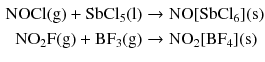 $$ \begin{aligned} \mathrm{NOCl(g)} + \mathrm{SbCl_{5}(l)} &\to \mathrm{NO}[\mathrm{SbCl}_{6}](\mathrm{s})\\ \mathrm{NO_{2}F(g)} + \mathrm{BF_{3}(g)} &\to \mathrm{NO}_{2}[\mathrm{BF}_{4}](\mathrm{s}) \end{aligned} $$