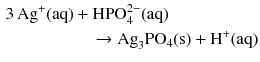 $$ \begin{aligned} 3\,\mathrm{Ag}^{+}(\mathrm{aq})& + \mathrm{HPO}_{4}^{2- }(\mathrm{aq})\\ &\quad\to \mathrm{Ag}_{3}\mathrm{PO}_{4}(\mathrm{s}) + \mathrm{H^{+}(aq)} \end{aligned} $$