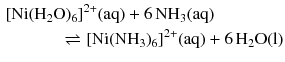 $$ \begin{aligned} &[\mathrm{Ni}(\mathrm{H}_{2}\mathrm{O})_{6}]^{2+}(\mathrm{aq}) + 6\,\mathrm{NH}_{3}(\mathrm{aq})\\ & \phantom{\mathrm{Ni}(\mathrm{HO}_{2}} \rightleftharpoons [\mathrm{Ni}(\mathrm{NH}_{3})_{6}]^{2+}(\mathrm{aq}) + 6\,\mathrm{H}_{2}\mathrm{O(l)} \end{aligned} $$