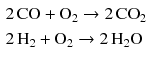 $$ \begin{aligned} &2\,\mathrm{CO} + \mathrm{O}_{2} \to 2\,\mathrm{CO}_{2}\\ &2\,\mathrm{H}_{2}+\mathrm{O}_{2}\to 2\,\mathrm{H_{2}O} \end{aligned} $$