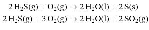 $$ \begin{aligned} 2\,\mathrm{H_{2}S(g)} + \mathrm{O_{2}(g)} &\to 2\,\mathrm{H_{2}O(l)} + 2\,\mathrm{S(s)}\\ 2\,\mathrm{H_{2}S(g)} + 3\,\mathrm{O_{2}(g)} &\to 2\,\mathrm{H_{2}O(l)} + 2\,\mathrm{SO_{2}(g)} \end{aligned} $$