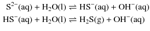 $$ \begin{aligned} \mathrm{S^{2- }(aq)} + \mathrm{H_{2}O(l)} &\rightleftharpoons \mathrm{HS^{- }(aq)} + \mathrm{OH^{- }(aq)}\\ \mathrm{HS^{- }(aq)} + \mathrm{H_{2}O(l)} &\rightleftharpoons \mathrm{H_{2}S(g)} + \mathrm{OH^{- }(aq)} \end{aligned} $$