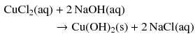 $$ \begin{aligned} \mathrm{CuCl}_{2}(\mathrm{aq})& + 2\,\mathrm{NaOH}(\mathrm{aq})\\ & \to \mathrm{Cu}(\mathrm{OH})_{2}(\mathrm{s}) + 2\,\mathrm{NaCl(aq)} \end{aligned} $$