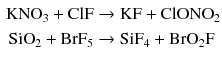 $$ \begin{aligned} \mathrm{KNO}_{3} + \mathrm{ClF} &\to \mathrm{KF} + \mathrm{ClONO}_{2}\\ \mathrm{SiO}_{2} + \mathrm{BrF}_{5} &\to \mathrm{SiF}_{4} + \mathrm{BrO}_{2}\mathrm{F} \end{aligned} $$