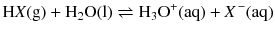 $$\mathrm{H}\mathit{X}\mathrm{(g)} + \mathrm{H_{2}O(l)} \rightleftharpoons \mathrm{H_{3}O^{+}(aq)} + \mathit{X}\mathrm{^{\,- }(aq)}$$