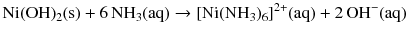 $$\mathrm{Ni(OH)_{2}(s)} + 6\,\mathrm{NH_{3}(aq)} \to [\mathrm{Ni}(\mathrm{NH}_{3})_{6}]^{2+}(\mathrm{aq}) + 2\,\mathrm{OH^{- }(aq)}$$