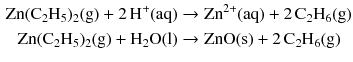 $$ \begin{aligned} \mathrm{Zn}(\mathrm{C_{2}H_{5}})_{2}(\mathrm{g}) + 2\,\mathrm{H^{+}(aq)} &\to \mathrm{Zn^{2+}(aq)} + 2\,\mathrm{C_{2}H_{6}(g)}\\ \mathrm{Zn(C_{2}H_{5})_{2}(g)} + \mathrm{H_{2}O(l)} &\to \mathrm{ZnO(s)} + 2\,\mathrm{C_{2}H_{6}(g)} \end{aligned} $$