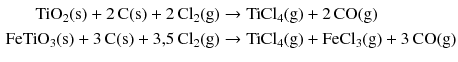 $$ \begin{aligned} \mathrm{TiO}_{2}(\mathrm{s}) + 2\,\mathrm{C(s)} + 2\,\mathrm{Cl_{2}(g)} \to{}& \mathrm{TiCl_{4}(g)} + 2\,\mathrm{CO(g)}\\ \mathrm{FeTiO_{3}(s)} + 3\,\mathrm{C(s)} + 3{,}5\,\mathrm{Cl_{2}(g)} \to{}& \mathrm{TiCl_{4}(g)} + \mathrm{FeCl_{3}(g)} + 3\,\mathrm{CO(g)} \end{aligned} $$