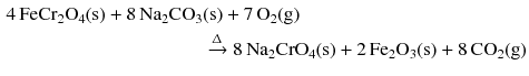 $$ \begin{aligned} 4\,\mathrm{FeCr_{2}O_{4}(s)} + 8\,\mathrm{Na_{2}CO_{3}}&\mathrm{(s)} + 7\,\mathrm{O_{2}(g)}\\ & \xrightarrow{\Updelta } 8\,\mathrm{Na_{2}CrO_{4}(s)} + 2\,\mathrm{Fe_{2}O_{3}(s)} + 8\,\mathrm{CO_{2}(g)} \end{aligned} $$