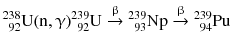 $$^{238}_{\phantom{1}92}\mathrm{U} (\mathrm{n}, \upgamma ) {}^{239}_{\phantom{1}92}\mathrm{U} \stackrel{\upbeta }{\mathop{\to }} {}^{239}_{\phantom{1}93}\mathrm{Np} \stackrel{\upbeta }{\mathop{\to }} {}^{239}_{\phantom{1}94}\mathrm{Pu}$$