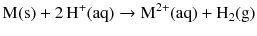 $$\mathrm{M(s)} + 2\,\mathrm{H}^{+}\mathrm{(aq)} \to \mathrm{M}^{2+}\mathrm{(aq)} + \mathrm{H}_{2}\mathrm{(g)}$$