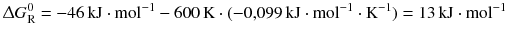 $$ \Updelta G_{\text{R}}^{0} = - 46\,\mathrm{kJ} \cdot \mathrm{mol}^{-1}- 600\,\mathrm{K} \cdot (- 0{,}099\,\mathrm{kJ} \cdot \mathrm{mol}^{- 1} \cdot \mathrm{K}^{- 1}) = 13\,\mathrm{kJ} \cdot \mathrm{mol}^{- 1} $$