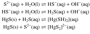 $$ \begin{aligned} \mathrm{S}^{2- }(\mathrm{aq}) + \mathrm{H}_{2}\mathrm{O(l)} &\rightleftharpoons \mathrm{HS}^{- }(\mathrm{aq}) + \mathrm{OH}^{- }(\mathrm{aq})\\ \mathrm{HS}^{- }(\mathrm{aq}) + \mathrm{H_{2}O(l)} &\rightleftharpoons \mathrm{H_{2}S(aq)} + \mathrm{OH}^{- }(\mathrm{aq})\\ \mathrm{HgS(s)} + \mathrm{H_{2}S(aq)} &\rightleftharpoons [\mathrm{Hg(SH)_{2}}](\mathrm{aq})\\ \mathrm{HgS(s)} + \mathrm{S}^{2- }(\mathrm{aq}) &\rightleftharpoons [\mathrm{HgS}_{2}]^{2- }(\mathrm{aq}) \end{aligned} $$