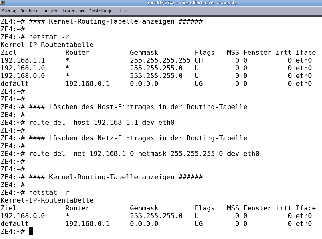 Löschen von Routen (zu einem Host und einem Netzwerk)