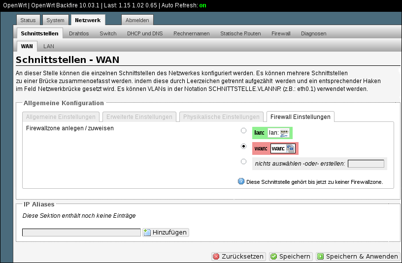 Zuordnung der Schnittstelle zu einer Firewall-Zone