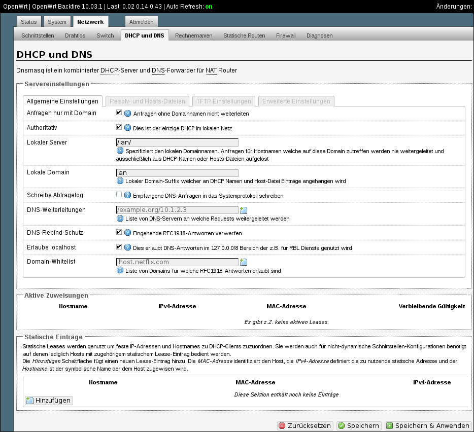 Einstellungen zu DHCP und DNS