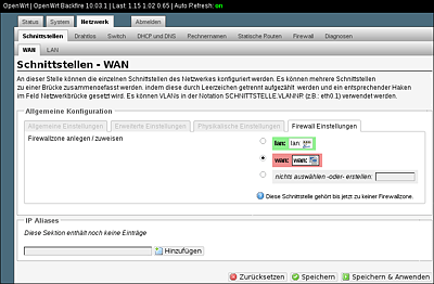 Zuordnung der Schnittstelle zu einer Firewall-Zone