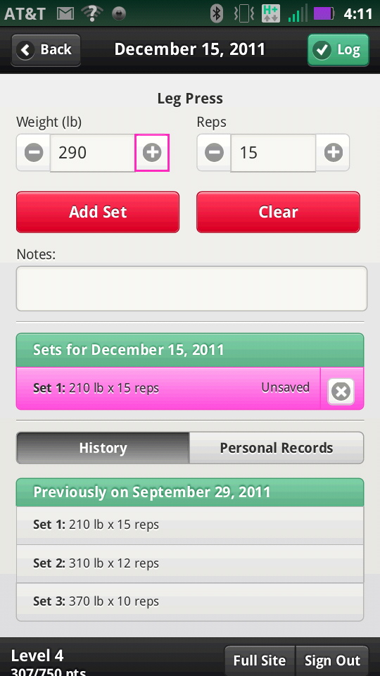 Fitocracy’s mobile app for logging sets