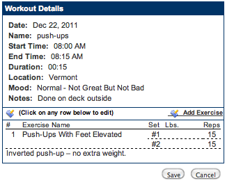 Entering workout data for a couple of sets of inverted pushups