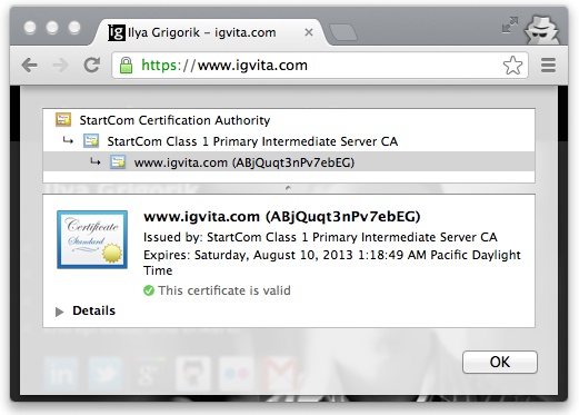 Certificate chain of trust for igvita.com (Google Chrome, v25)