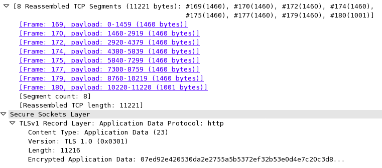 WireShark capture of 11,211-byte TLS record split over 8 TCP segments