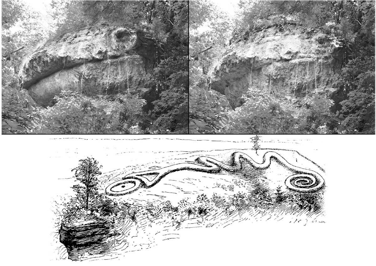 Illustration. en haut à droite : Image brute du simulacre de tête de serpent dans la falaise juste sous la tête du tumulus du Grand serpent (Photo : Santha Faiia). en haut à gauche : Une image retouchée permet de comprendre pourquoi de nombreux visiteurs, et avant eux les anciens, se sont représenté ce surplomb naturel comme la tête du serpent. en bas : Juxtaposition du tumulus du Grand serpent et de la crête sur laquelle il s’élève avec sa « tête de serpent » naturelle.