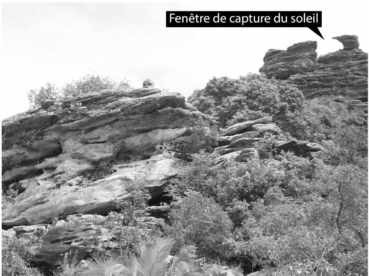 Illustration. L’affleurement peint de Painel do Pilãoavec sa surface rupestre au centre et à gauche du premier plan, et un promontoire rocheux formant une « fenêtre » en haut à droite de l’arrière-plan. Le soleil passe dans cette fenêtre en début d’après-midi pendant 18 à 20 jours avant et après le solstice d’hiver. photo : christopher sean davis. annotation ajoutée.