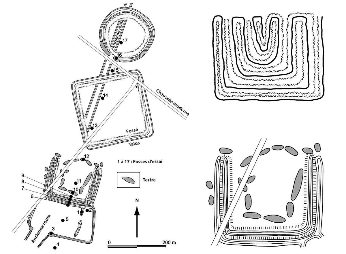 Illustration. Gauche : Plan de Fazenda Colorado, site de géoglyphes du bassin amazonien supérieur (voir chapitre 15). Martti Pärssinen. en haut à droite : Entrée de l’« Autre-monde » telle que représentée dans l’art visionnaire tucano, censée se trouver « au-delà de la Voie lactée ». en bas à droite : Détail (pivoté) de Fazenda Colorado.