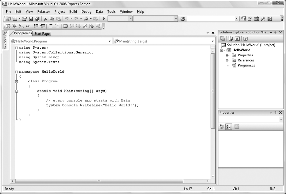 The IDE is where you'll be spending most of your time as a C# developer. Notice that the interface contains multiple windows.