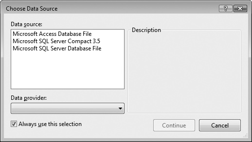 You'll be using a SQL Server database, so select Microsoft SQL Server Database File.