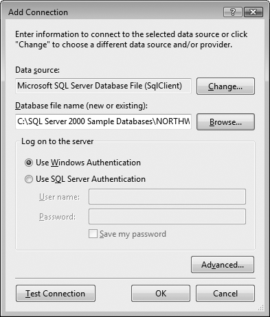 Use the Add Connection dialog box to select the Northwind database and test the connection.