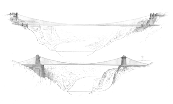 CLIFTON SUSPENSION BRIDGE. Plate I. Fig. 1. Elevation of Drawing Nº 3 of Mr. Brunel’s Designs in the first competition. AD. 1829 Fig. 2. H. Adlard So. Elevation of the Bridge according to the Design on which the works were commenced. AD. 1836.