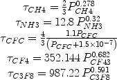 
$$\begin{array}{*{20}c}
{\begin{array}{*{20}c}
{\tau _{CH4}  = \frac{2}
{3}P_{CH4}^{0.278} }  \\
{\tau _{NH3}  = 12.8\,P_{NH3}^{0.32} }  \\
\end{array} }  \\
{\tau _{CFC}  = \frac{4}
{3}\frac{{1.1P_{CFC} }}
{{\left( {P_{CFC}  + 1.5 \times 10^{ - 7} } \right)}}}  \\
{\tau _{CF4}  = 352.144\,P_{CF43}^{0.682} }  \\
{\tau _{C3F8}  = 987.22\,P_{C3F8}^{0.591} }  \\
\end{array} $$
