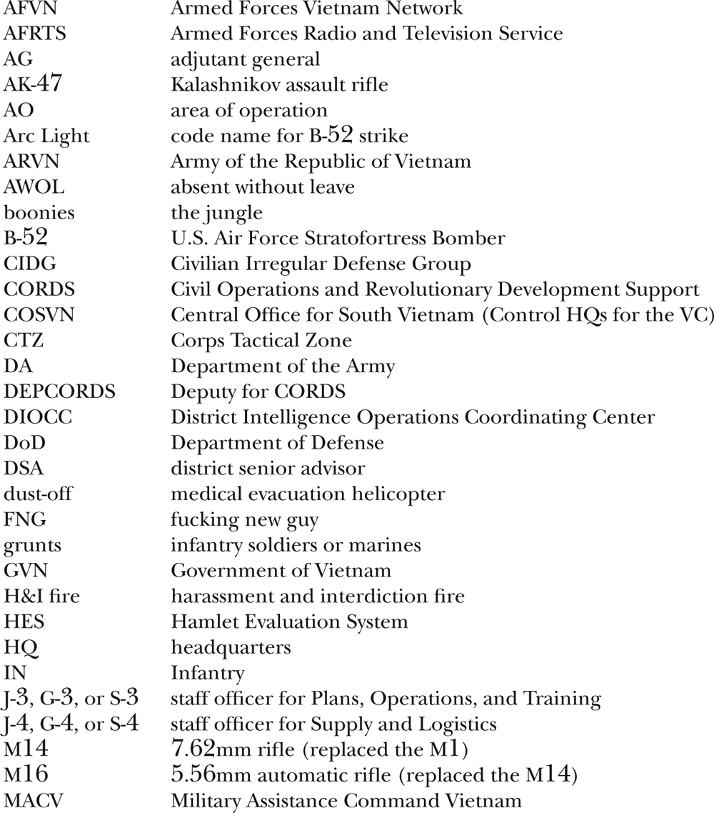 AFVN Armed Forces Vietnam Network AFRTS Armed Forces Radio and Television Service AG adjutant general AK-47 Kalashnikov assault rifle AO area of operation Arc Light code name for B-52 strike ARVN Army of the Republic of Vietnam AWOL absent without leave boonies the jungle B-52 U.S. Air Force Stratofortress Bomber CIDG Civilian Irregular Defense Group CORDS Civil Operations and Revolutionary Development Support COSVN Central Office for South Vietnam (Control HQs for the VC) CTZ Corps Tactical Zone DA Department of the Army DEPCORDS Deputy for CORDS DIOCC District Intelligence Operations Coordinating Center DoD Department of Defense DSA district senior advisor dust-off medical evacuation helicopter FNG fucking new guy grunts infantry soldiers or marines GVN Government of Vietnam H&I fire harassment and interdiction fire HES Hamlet Evaluation System HQ headquarters IN Infantry J-3, G-3, or S-3 staff officer for Plans, Operations, and Training J-4, G-4, or S-4 staff officer for Supply and Logistics M14 7.62mm rifle (replaced the M1) M16 5.56mm automatic rifle (replaced the M14) MACV Military Assistance Command Vietnam