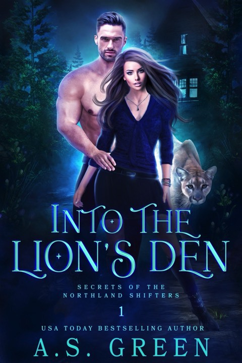 Into the Lion’s Den. Cover image features a bare chested man standing behind a woman in a purple shirt and black skirt. A mountain lion prowls nearby.