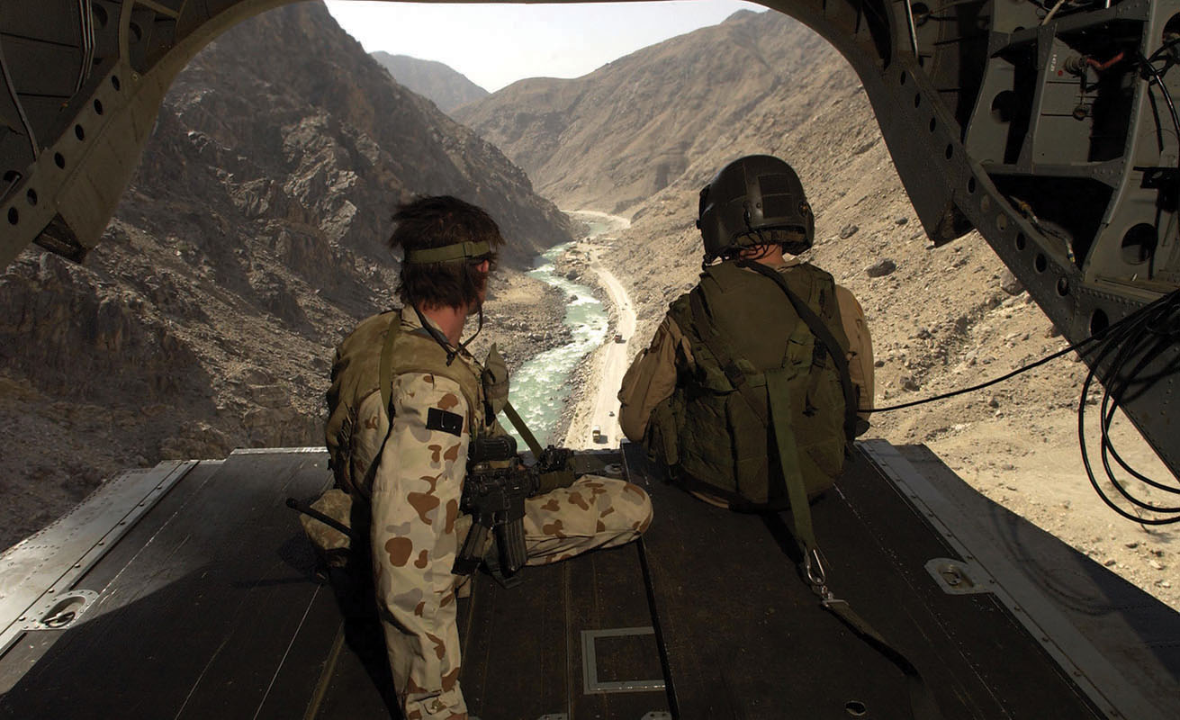 British, US, Aussie and New Zealand special forces deployed by Chinook on low level flights. One hit from an enemy stinger and this chopper would be blasted out of the sky.