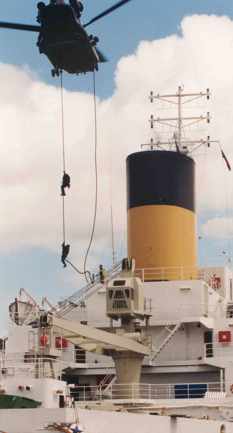 SBS/SAS operators fast rope 90 feet from a Chinook MH47 helicopter onto the target in the English Channel, poised to hit the ship like a whirlwind.