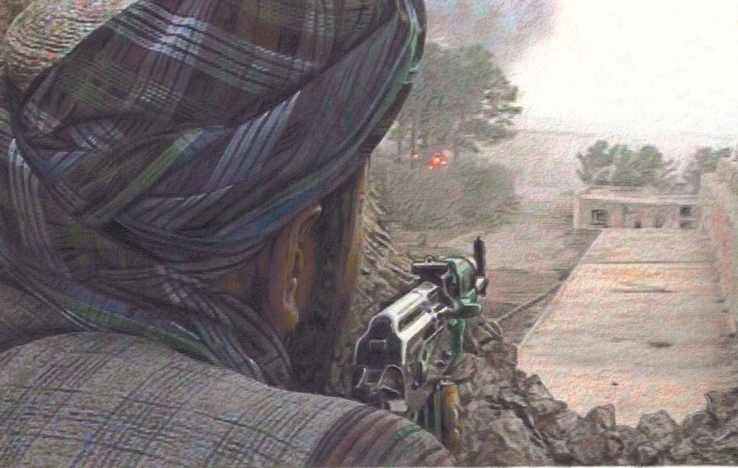 A Northern Alliance fighter takes aim on enemy positions from the fort battlements with his AK47.