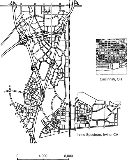 Figure 10–2 Downtown Cincinnati and Irvine Spectrum edge city are shown at the same scale. Note that the longest dimension of Irvine Spectrum is approximately four times that of the longest dimension of the Cincinnati downtown and that the area of Irvine Spectrum is approximately nine times that of the Cincinnati downtown.