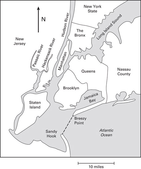 Figure 14–1 The barrier, at the bottom center of the figure, is shown by the dashed line between Sandy Hook in New Jersey and Breezy Point in Queens. In the New York part of the region it would offer essentially complete protection from storm surge for Brooklyn, Staten Island, and Manhattan. It would protect the Borough of Queens from flooding from Jamaica Bay but would not protect parts of Queens that front onto the ocean. The Bronx is sufficiently high that storm surge is not an issue here. On the New Jersey side it would protect the low-lying area between the west shore of the Hudson River and the Hackensack River, an area which sustained heavy damage from Sandy. At present, the plan is off the table, but a Sandy-like event in the future may well bring it back to life.